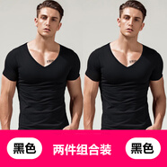 簡(jiǎn)束緊身短袖男T恤純色棉質(zhì)大V領(lǐng)低領(lǐng)修身打底衫夏季運(yùn)動(dòng)t恤上衣服潮 黑色+黑色 /兩件裝（包邊款） L （65kg左右）修身型