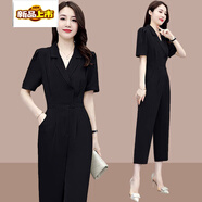 初徑2025新款高腰修身顯瘦九分連體衣2025年夏裝大碼工裝連體褲女休閑 1425#黑色 4XL 【建議160-180斤】