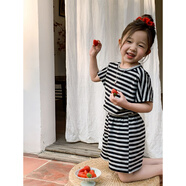 HUALIN FASHION女童短袖條紋蝙蝠袖夏裝兩件套 黑灰 110 cm