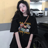伊離姿2025短袖美式復(fù)古T恤女夏季新款學(xué)生韓版寬松bf原宿風(fēng)半袖上衣ins 黑色【280】CD S 建議【65-85斤】