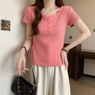 榮西圖（RONGXITU）短袖恤女上衣圓領(lǐng)日韓潮夏季衣服正肩修身中式大碼女裝批發(fā) 粉色 XL