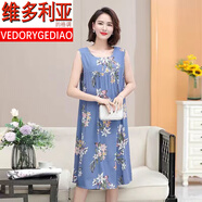 維多利亞的格調(diào)品牌睡裙女棉綢無(wú)袖中老年媽媽裝人造棉睡衣連衣裙寬松時(shí)尚家居服 無(wú)袖【新花深藍(lán)底梔子花】 2XL
