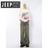 JEEP SPIRIT吉普炸街破洞牛仔褲男女寬松直筒 做舊藍 XL
