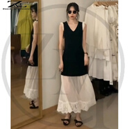 織迷（weave infatuations）法式溫柔領(lǐng)小黑裙拼接蕾絲歐根紗撞色無(wú)袖背心連衣裙 黑色 M