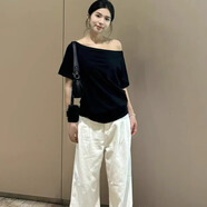 麓格立斜肩露肩短袖t恤女夏2025新款寬松顯瘦遮肉一字肩辣妹上衣打底衫 斜肩短袖黑色 L 【建議130斤內(nèi)】