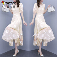 啄木鳥(niǎo)夏季雪紡連衣裙女裝夏裝2025年新款韓版春夏天收腰氣質(zhì)顯瘦長(cháng)裙潮 香檳色 M 85-100