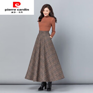 皮爾卡丹（pierre cardin）長(zhǎng)裙高腰半身裙花色大擺裙毛呢中年a字裙大碼長(zhǎng)款冬裙女新款春秋 咖啡紋格 M 90-105斤-有口袋