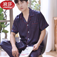 浪莎（LangSha）輕奢夏天男士睡衣男夏季薄款短袖冰絲套裝家居服大碼長(cháng)褲春秋開(kāi)衫 22102情侶紅藍條短長(cháng)-男 L (100~125斤)