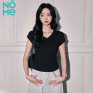 NOME正肩V領(lǐng)短袖t恤女夏季新款褶皺齊腰修身半袖 黑色  2XL 