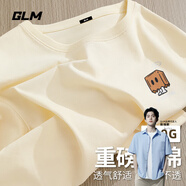 GLM敖瑞鵬代言短袖t恤男休閑日系夏季純棉圓領(lǐng)青少年潮牌落肩袖T恤 【純棉】淺米#紙袋小人 L