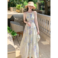 南糖三色法式浪漫碎花掛脖露肩無(wú)袖連衣裙女夏季新款溫柔氣質(zhì)收腰度假長(cháng)裙 圖片色 S 建議【80-95】