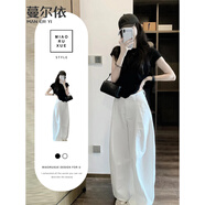 蔓爾依休閑褲女裝夏季2025新款時(shí)尚韓系小個(gè)子穿搭減齡短袖闊腿褲子套裝 上衣+褲子 M