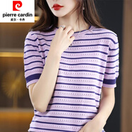 皮爾卡丹（pierre cardin）冰絲短t袖恤女夏韓版新款拼色條紋鏤空圓領(lǐng)寬松百搭針織衫女薄款 紫色 S