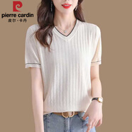 皮爾卡丹（pierre cardin）桑蠶絲短袖針織V領(lǐng)少婦t恤女夏季薄款百搭上衣洋氣減齡雞心領(lǐng)小衫 白色 XL (建議120-130斤)