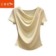 紅蜻蜓（RED DRAGONFLY）韓系溫柔風(fēng)不規則褶皺蕩領(lǐng)短袖T恤女氣質(zhì)百搭多種穿法小心機上衣 1689#奶黃色 S