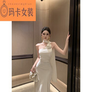 NJTD實(shí)拍生日party禮服法式氣質(zhì)氛圍感斜肩飄帶緞面露背連衣裙 香檳色 S