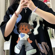 蘇愚100%純棉重磅新款潮牌青春潮流上衣T恤女ins重磅克短袖情侶男女 A2-27-愛心女孩短袖-黑 S