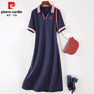 皮爾卡丹（pierre cardin）polo領(lǐng)連衣裙女中長(zhǎng)款刺繡直筒T恤裙小個(gè)子休閑減齡運(yùn)動(dòng)裙子新款 藏青色 4XL 【約150-165斤】