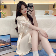 JIOESC睡裙女款夏季冰絲涼感短袖襯衫2025新款性感純欲睡衣可外穿家居服 杏色蕾絲袖襯衫 M 【80-100斤】
