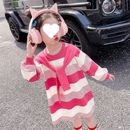 S.SOFEA2025條紋寶寶中長(zhǎng)款洋氣假兩件韓版連衣裙長(zhǎng)袖寬松兒童女童 玫紅色 均碼 110