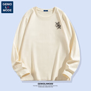 GENIOLAMODE純棉打底衫長(zhǎng)袖T恤男純色基礎(chǔ)凈版寬松春秋圓領(lǐng)內(nèi)搭體恤衫 純棉-淺米色(h中國(guó)山水胸標(biāo)) 2XL (建議160-180斤)