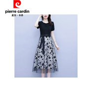 皮爾卡丹（pierre cardin）官方品牌2025夏季新款紗網(wǎng)收腰綁帶連衣裙棉短袖拼接假兩件顯瘦連 圖片色 XL 建議105-115斤