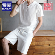 羅蒙（ROMON）夏季亞麻短袖冰絲T恤套裝男士純色V領(lǐng)中國風(fēng)上衣棉麻漢服休閑半袖 a24 白色一套 M