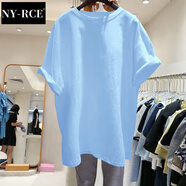 NY-RCE歐洲站夏裝新款大版短袖T恤女寬松中長款上衣潮 019天藍色 XL