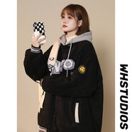 FHHUABD大碼300斤假兩件衛衣棒球服女春秋新款加絨寬松胖mm開(kāi)衫連帽外套 黑色 加絨（薄絨） 3XL 建議190-240斤