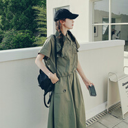 皮爾卡丹（pierre cardin）工裝軍綠色連衣裙女2025夏美式復(fù)古寬松御姐風(fēng)甜酷休閑套裝兩件套 軍綠色兩件套 M 建議118-135斤