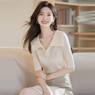 翻領(lǐng)薄款冰絲短袖T恤女2025夏季辣妹針織衫女設(shè)計感半袖上衣女裝 米白色 S 建議80-95斤