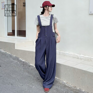 美洋（MEIYANG）藍莓背帶褲 元氣減齡捏褶休閑寬松連體褲【70系列】U 牛仔藍（加長(cháng)版） M