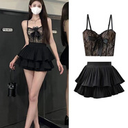 HUALIN FASHION歐美風(fēng)黑色蛋糕裙顯瘦百褶蓬松半身裙 黑色蕾絲吊帶【單】 S 70-85斤