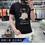 OLOMM歐洲站高端潮牌短袖T恤男士2025夏季新款半袖體恤男潮牌燙鉆印花 黑色 M