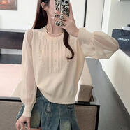 瑟空（SEKONG）2025夏新款波西米亞風(fēng)雪紡衫拼接鉤花針織衫女度假風(fēng)鏤空上衣SSY 小香風(fēng)網(wǎng)紗袖 杏色 M 建議體重90-105