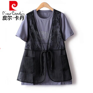 皮爾卡丹（pierre cardin）歐洲站蕾絲復古馬甲背心+短袖字母印花上衣兩件套女T恤夏季薄款 灰色T L 110-120斤左右