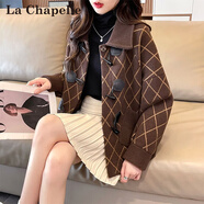 拉夏貝爾（La Chapelle）春秋格子外套2025年新款韓版針織毛呢小衫高級(jí)洋氣牛角扣開衫外套 駝色 L 建議105-120斤