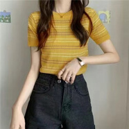 KAHTOP2025夏新款百搭撞色條紋寬松短袖上衣套頭打底復古針織衫T恤MQQ 黃條紋 均碼 彈力均碼(建議80-125斤)