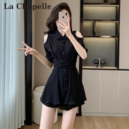拉夏貝爾（La Chapelle）2025新款夏季露肩襯衫套裝時尚洋氣減齡顯瘦遮肉小個子兩件套潮 黑色 S 建議80-95斤