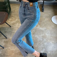 笙冉（SHENGRAN）春夏新款開叉微喇牛仔褲女高腰顯瘦直筒百搭休閑薄款九分喇叭褲子 淺藍色【8分】 S 建議【80-97斤】