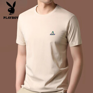 花花公子（PLAYBOY）2025夏季新款100%新疆純棉短袖t恤男圓領印花半袖體恤打底衫 淺卡其 M 165