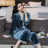 莫代爾金絲絨睡衣女春秋性感長(cháng)袖套裝純色蕾絲韓國開(kāi)衫季家居服兩件套 789 藍灰 L 建議體重100-120斤