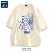 GENIOLAMODE情侶裝t恤短袖一男一女夏季上衣ins潮流純棉寬松大碼學(xué)生卡通半袖 淺米色(藍(lán)色小熊) M (170)