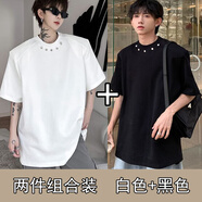 迪伽達短袖T恤男美式復古正肩cleanfit高街小領(lǐng)口墊肩七分袖柳丁上衣 XZWP-T199白色+黑色常規(guī) 2XL （60-70KG）喜歡寬松拍大一碼