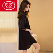 浪莎（LangSha）真絲睡裙女士春秋季襯衫式氣質(zhì)睡衣薄款大尺碼緞面睡袍家居服 9666#黑色 【后背鏤空蕾絲】 XL 【建議160-220斤】