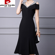 皮爾卡丹（pierre cardin）感時(shí)尚洋氣連衣裙女2025新款夏露肩短袖釘鉆中長(cháng)款修身魚(yú)尾裙 黑色 M 建議95-105斤