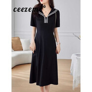 ceezemc香港潮牌休閑大碼連衣裙女 2025夏季新款收腰顯瘦過(guò)膝運動(dòng)T恤長(cháng)裙 黑色 XL 建議120-135斤