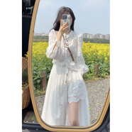 布舒瑤2025春季新款女設(shè)計感小眾鏤空白色蕾絲裙法式重工長袖連衣裙套裝 白色兩件套 S