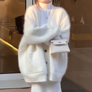 FHHUABD韓版水貂絨開衫女春秋新款慵懶風軟糯加厚毛衣中長款寬松針織外套 奶白色 S