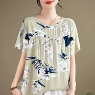 歌班婭人造棉碼200斤可穿300斤可穿短袖上衣夏棉綢寬松薄款媽媽外穿T恤 杏之雨魅(單上衣) 4XL 建議140-180斤